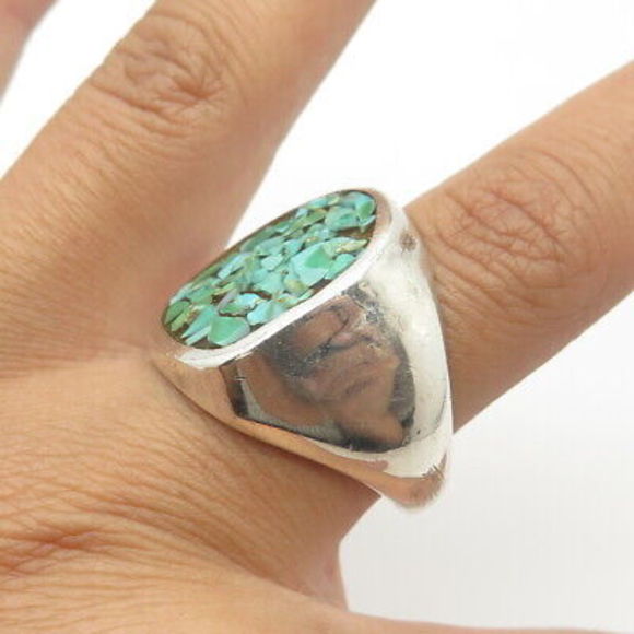 925 Sterling Silver Vintage Navajo Real Turquoise Inlay Tribal Ring Size 10.5 - Picture 2 of 8